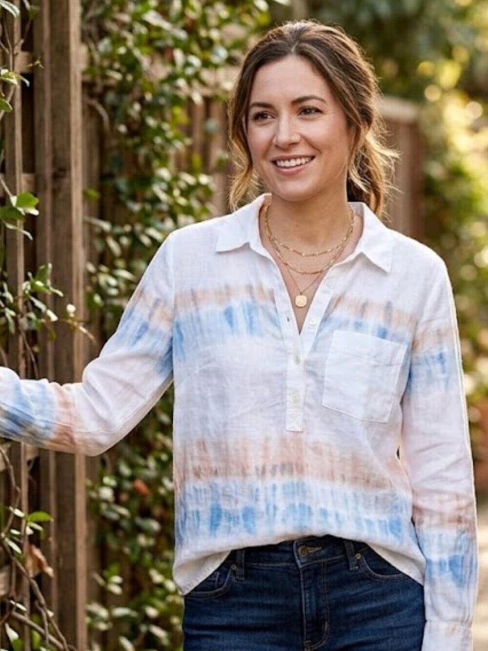 INC International Concepts 100% Linen Tie-Dye Button Pullover Shirt - Size M